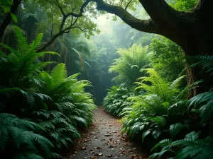 Tropical Fern Garden - Wide angle view of a shaded tropical garden featuring various types of ferns, from tree ferns to bird's nest ferns, creating layers of different green textures, moody atmospheric lighting