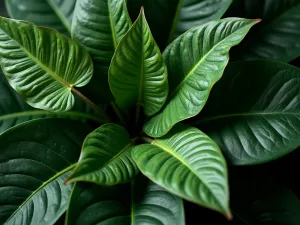 Tropical Foliage Textures - Extreme close-up of varied tropical foliage showing intricate leaf patterns and textures, including monstera, calathea, and philodendron leaves overlapping in natural composition, macro photography style