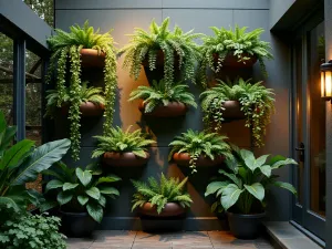 Tropical Foliage Wall - Vertical arrangement of mounted containers on a wall featuring cascading philodendrons, hanging ferns, and climbing monstera, dramatic evening lighting