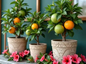 Tropical Fruit Container Garden - Close-up of decorative containers featuring dwarf citrus trees, tropical guava, and passion fruit vine climbing on modern trellises, with flowering hibiscus underneath