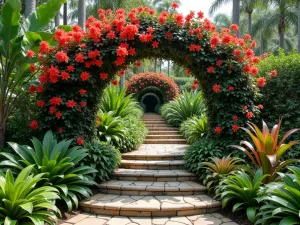 Tropical Garden Entrance - Welcoming garden entrance with an archway covered in flowering tropical vines, flanked by colorful crotons and bromeliads. Natural stone steps leading through, romantic garden style