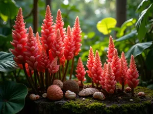 Ginger and Torch Garden - A naturalistic arrangement of red and pink torch gingers mixed with shell gingers, creating a colorful tropical display with varying heights, morning light filtering through leaves