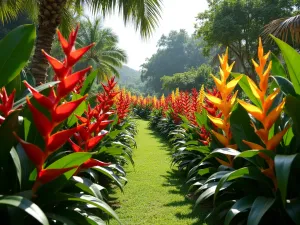 Lush Heliconia Border - A stunning border garden filled with hanging lobster claw heliconia in bright red and yellow, mixed with large-leafed elephant ears and palm fronds, natural lighting, landscape view