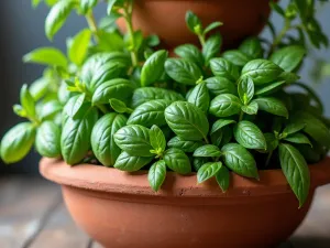 Tropical Herb Container Garden - Close-up of a tiered terracotta container arrangement featuring tropical herbs including lemongrass, Thai basil, and curry leaf plant, rustic style