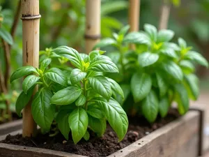 Tropical Herb Corner - Close-up of a small tropical herb garden featuring lemongrass, Thai basil, and curry leaf plant. Raised wooden planters and bamboo stakes.