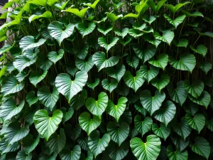 Tropical Living Wall - Close-up of a vertical garden wall filled with tropical plants, creating a living tapestry of different leaf shapes, sizes, and colors.