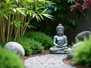 Tropical Meditation Garden - Close-up of a zen-inspired tropical garden corner with black bamboo, peace lily, and Japanese maples. Small stone Buddha statue and gravel path.