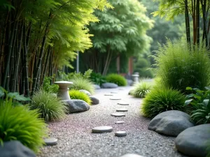 Tropical Meditation Path - Close-up of a zen-inspired gravel path with tropical elements, featuring Black Bamboo and Japanese Forest Grass with tropical accents