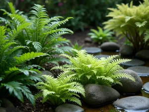 Tropical Meditation Garden - Close-up of a zen-inspired shade garden with Japanese painted ferns, dark-leaved ligularia, and variegated ginger creating a peaceful atmosphere