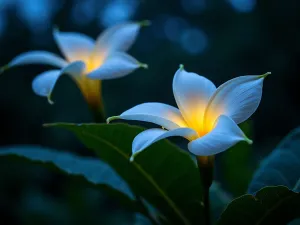 Tropical Night Garden - Evening scene of night-blooming tropical flowers including moon flower and night-blooming jasmine, with dramatic uplighting highlighting white blooms