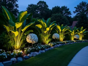 Tropical Night Garden Border - Evening shot of a tropical border designed for night viewing, featuring white-flowering plants, silver foliage, and subtle landscape lighting