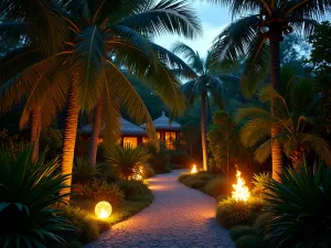 Tropical Night Garden - Evening scene of a tropical garden with uplighting highlighting palm fronds and dramatic foliage. Tiki torches and glowing orbs create magical atmosphere.