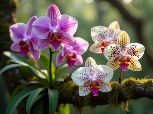 Orchid Garden Paradise - Close-up of various tropical orchids in purple, white, and spotted patterns growing naturally on tree branches with Spanish moss, dappled sunlight