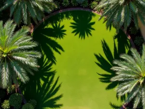 Exotic Palm Collection - Aerial view of a diverse palm garden featuring fan palms, royal palms, and decorative date palms creating dramatic shadows on manicured lawn