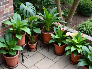 Tropical Patio Corner - Aerial view of a patio corner arrangement with stepped plant stands holding various sized containers of colorful tropical plants, including elephant ears, peace lilies, and persian shield