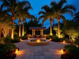 Tropical Patio Night Garden - Evening scene of a tropical patio with dramatic uplighting on palm trees, featuring glowing lanterns, a illuminated water feature, and exotic night-blooming plants like night jasmine and moon flowers