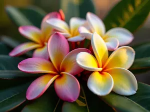 Exotic Plumeria Collection - Close-up composition of various colored plumeria flowers - pink, yellow, and white varieties - arranged naturally on a branch with dark glossy leaves, warm evening light