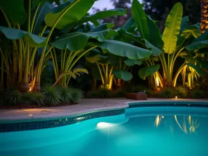 Tropical Pool Oasis - A close-up view of a swimming pool edge surrounded by large-leafed tropical plants, including banana trees and elephant ears. Accent lighting illuminates the foliage dramatically.