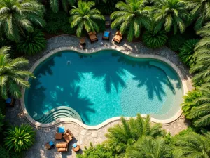 Tropical Pool Surround - Aerial view of a swimming pool surrounded by tropical landscaping, featuring clusters of cycads, birds nest ferns, and tropical grasses creating natural privacy screens, resort style