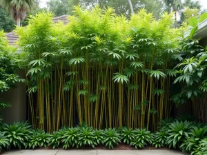 Tropical Privacy Screen - Natural privacy screen created with tall bamboo, banana plants, and dense tropical foliage, photographed from ground level looking up, showing effective height and coverage, practical design style