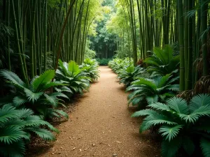 Tropical Rain Forest Path - Aerial view of a natural mulch pathway winding through dense tropical vegetation, featuring tall Bamboo and Giant Bird's Nest Ferns