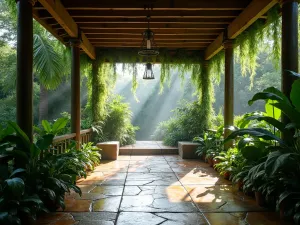 Tropical Rain Forest Patio - Atmospheric view of a covered patio designed to mimic a rainforest environment, with misting system, hanging vines, large-leafed philodendrons, and natural stone flooring