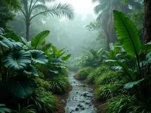 Tropical Rain Garden - Wide angle view of a tropical rain garden with elephant ears, cannas, and tropical grasses arranged around a natural drainage area, misty atmosphere