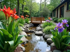 Tropical Rain Garden - Wide angle view of a small rain garden with canna lilies, elephant ears, and Japanese iris. Natural stone drainage channel and wooden bridge.