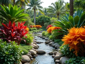 Tropical Rainbow Border - Wide-angle view of a curved tropical border featuring a stunning color progression from red ti plants to orange heliconias to yellow gingers, bordered by smooth river rocks