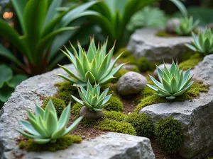 Tropical Rock Garden - Close-up of a tropical rock garden arrangement featuring succulents, bromeliads, and small palms growing among natural boulders with moss accents, zen garden style