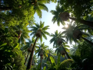 Tropical Shade Canopy - Upward view through a canopy of tree ferns and palms, with hanging orchids and bromeliads creating multiple layers of tropical shade, artistic photography