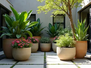 Tropical Shade Container Collection - Wide shot of an arranged collection of concrete planters featuring colorful coleus, prayer plants, and Persian shield plants in a shaded courtyard, contemporary styling