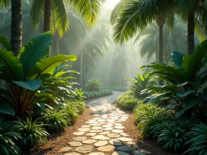 Lush Tropical Shade Garden Path - A winding garden path through a shaded tropical garden, lined with large elephant ears, ferns, and colorful bromeliads. Dappled sunlight filtering through tall palm fronds creates magical light patterns on the ground, photorealistic