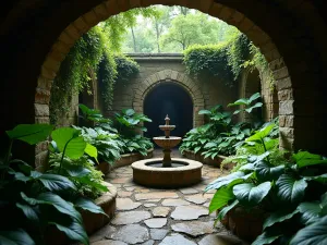 Secret Tropical Grotto - Intimate view of a shaded garden grotto with a small fountain surrounded by bird's nest ferns, peacock plants, and climbing philodendrons, mystical atmosphere