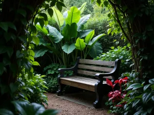 Hidden Tropical Reading Nook - Intimate view of a secluded garden bench surrounded by large-leafed fatsia japonica, red ti plants, and trailing tradescantia in deep shade, moody photography