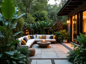 Tropical Shade Patio - Close-up of a shaded patio area featuring shade-loving tropical plants like peace lilies and calatheas, with ambient lighting and comfortable seating arranged for conversation