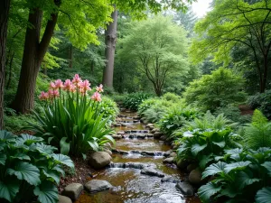 Tropical Rain Garden - Wide angle view of a shade-loving rain garden with massive gunnera, Japanese iris, and tropical-looking ferns managing water runoff in a natural setting