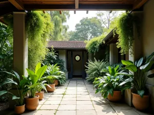 Sheltered Tropical Seating Area - Wide-angle view of a covered patio area surrounded by potted monstera, hanging staghorn ferns, and climbing philodendrons, creating a shaded tropical retreat, architectural photography style