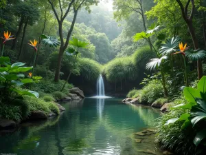 Tropical Water Garden Sanctuary - A small shaded pond surrounded by Japanese forest grass, taro plants, and giant birds of paradise, with a gentle waterfall creating ambient sounds, atmospheric photography