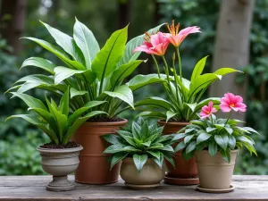 Tropical Shadow Garden - Shaded container arrangement featuring shade-loving tropical plants including prayer plants, peace lilies, and rex begonias in vintage-style containers