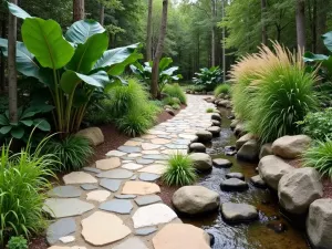 Tropical Stream Path - Natural stone pathway running alongside a small artificial stream, bordered by tropical Elephant Ears and flowing ornamental grasses