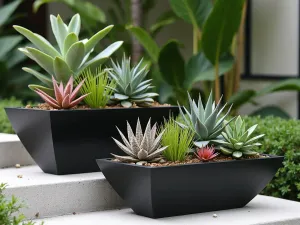 Tropical Succulent Container Garden - Modern black geometric containers featuring a mix of tropical succulents, including zebra haworthia and string of pearls, with small red bromeliads, arranged on concrete steps