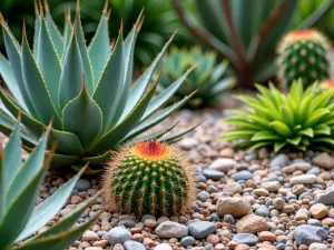 Tropical Succulent Mix - Close-up of a mixed tropical and succulent garden featuring agave, aloe, and dragon fruit cactus alongside tropical ground covers. Rocky mulch and copper accents.