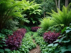 Tropical Understory Haven - Close-up of a layered tropical shade garden featuring deep purple heuchera, bird's nest ferns, and peacock plants creating a rich tapestry of foliage textures beneath a canopy of tree ferns, high detail photography