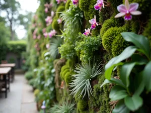 Tropical Vertical Garden Patio - Close-up of a vertical garden wall on a patio featuring epiphytic plants, hanging orchids, and air plants, with integrated irrigation system visible