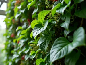 Vertical Tropical Garden Wall - Close-up of a living wall in shade featuring hanging pothos, rex begonias, and climbing philodendron brasil, creating a lush vertical garden, artistic photography