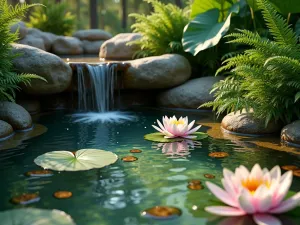 Tropical Water Feature Garden - Close-up of a small tropical garden pond surrounded by elephant ears and ferns, with a natural stone waterfall cascading into crystal clear water. Tropical water lilies float on the surface, warm evening lighting, hyperrealistic