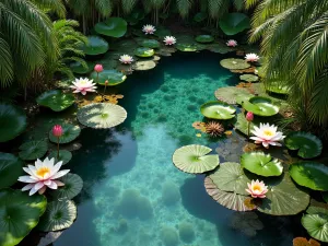 Tropical Water Garden - Aerial view of a tropical water garden featuring giant water lilies, lotus flowers, and papyrus, surrounded by tropical grasses and palms, crystal clear water