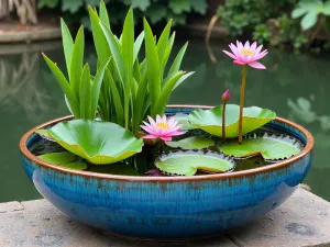 Tropical Water Garden Container - Large glazed blue container water garden featuring dwarf papyrus, water lilies, and tropical pitcher plants, with floating water lettuce