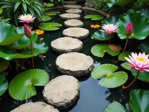 Tropical Water Walk - Aerial view of stepping stones crossing a koi pond, surrounded by tropical Water Lilies and Canna Lilies, creating a water garden path